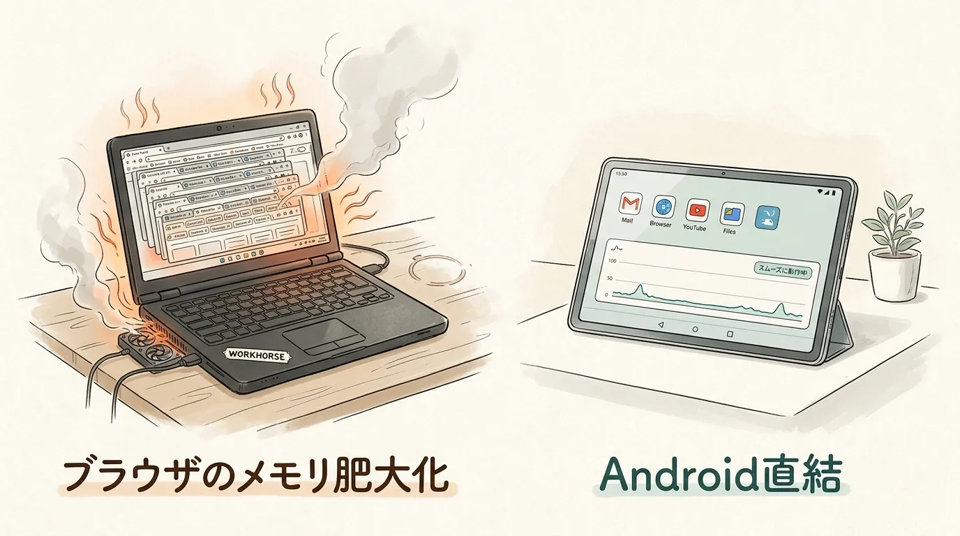 セクション1の図解：ブラウザのメモリ肥大化 vs Android直結