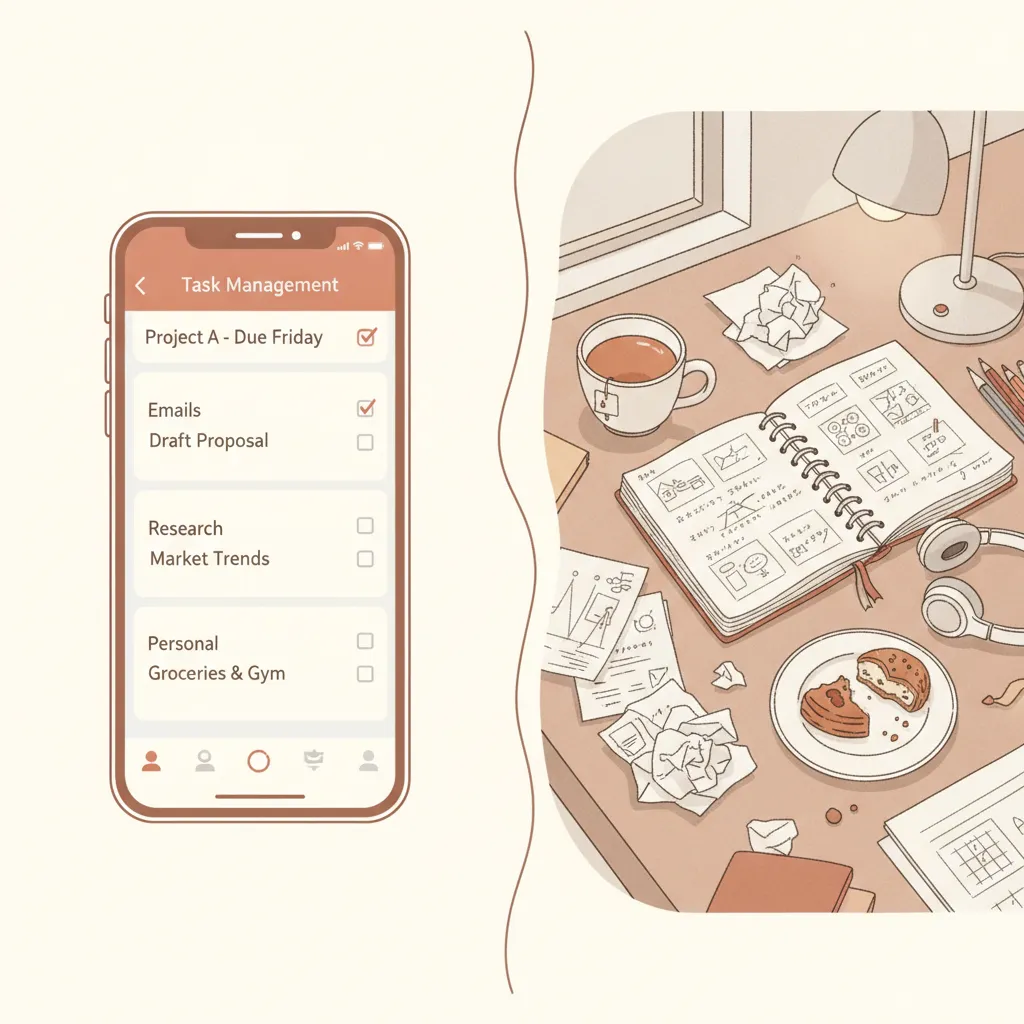 セクション画像：スマートフォンのタスク管理画面と散らかったデスクの対比