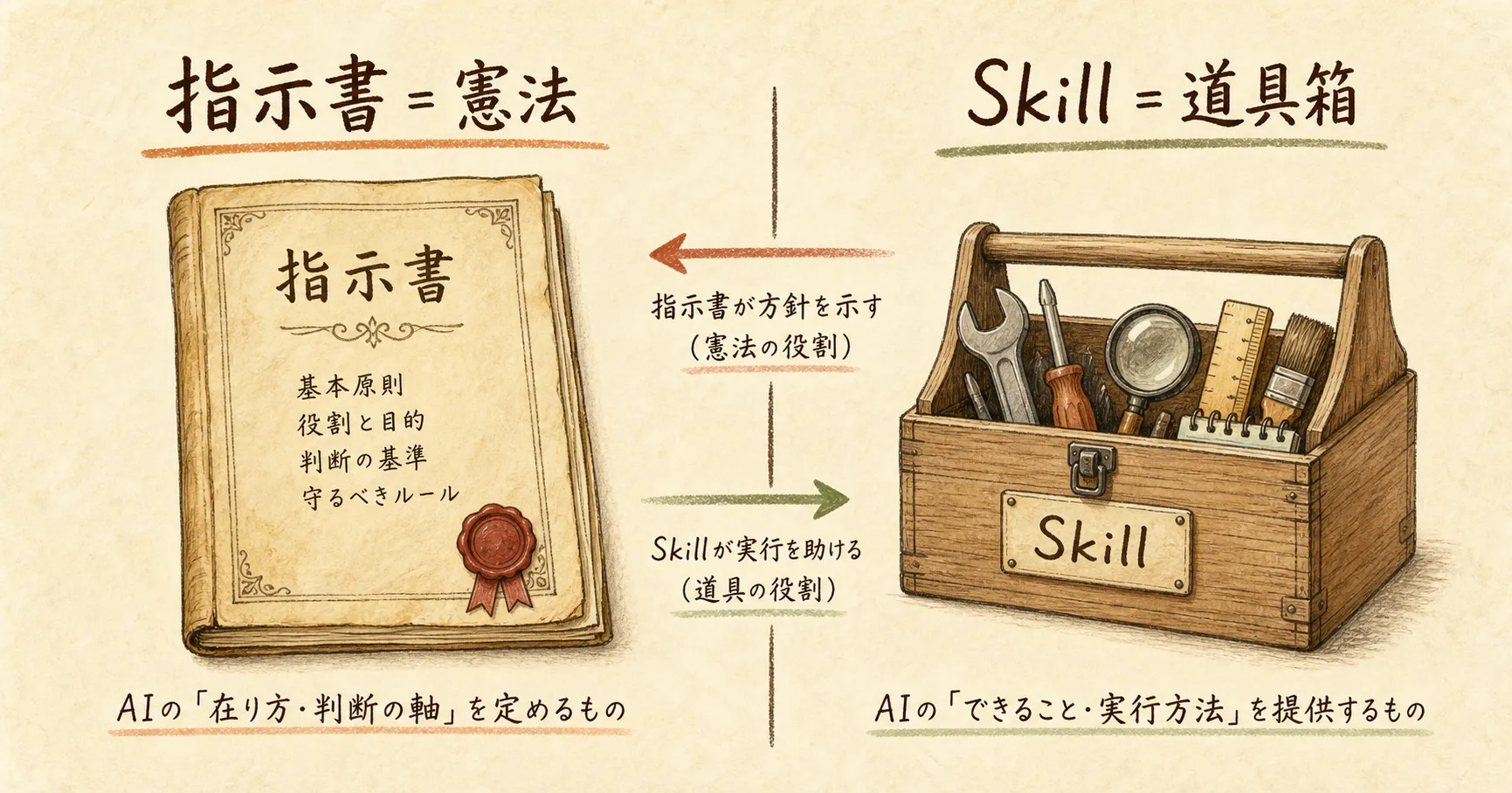 セクション画像1：指示書とSkillの違いを示す図解