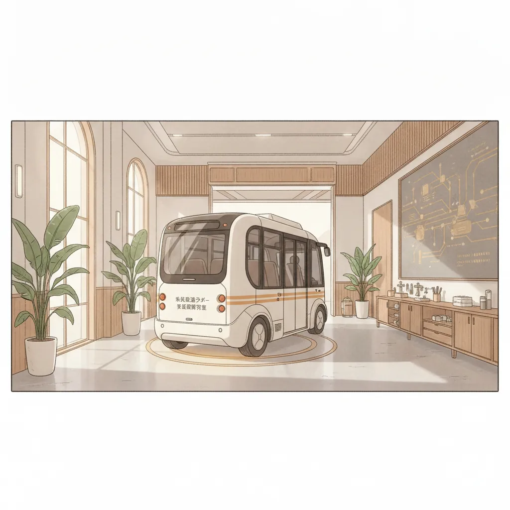 実証実験を終えた後に車庫へ戻る小型バスの静止画