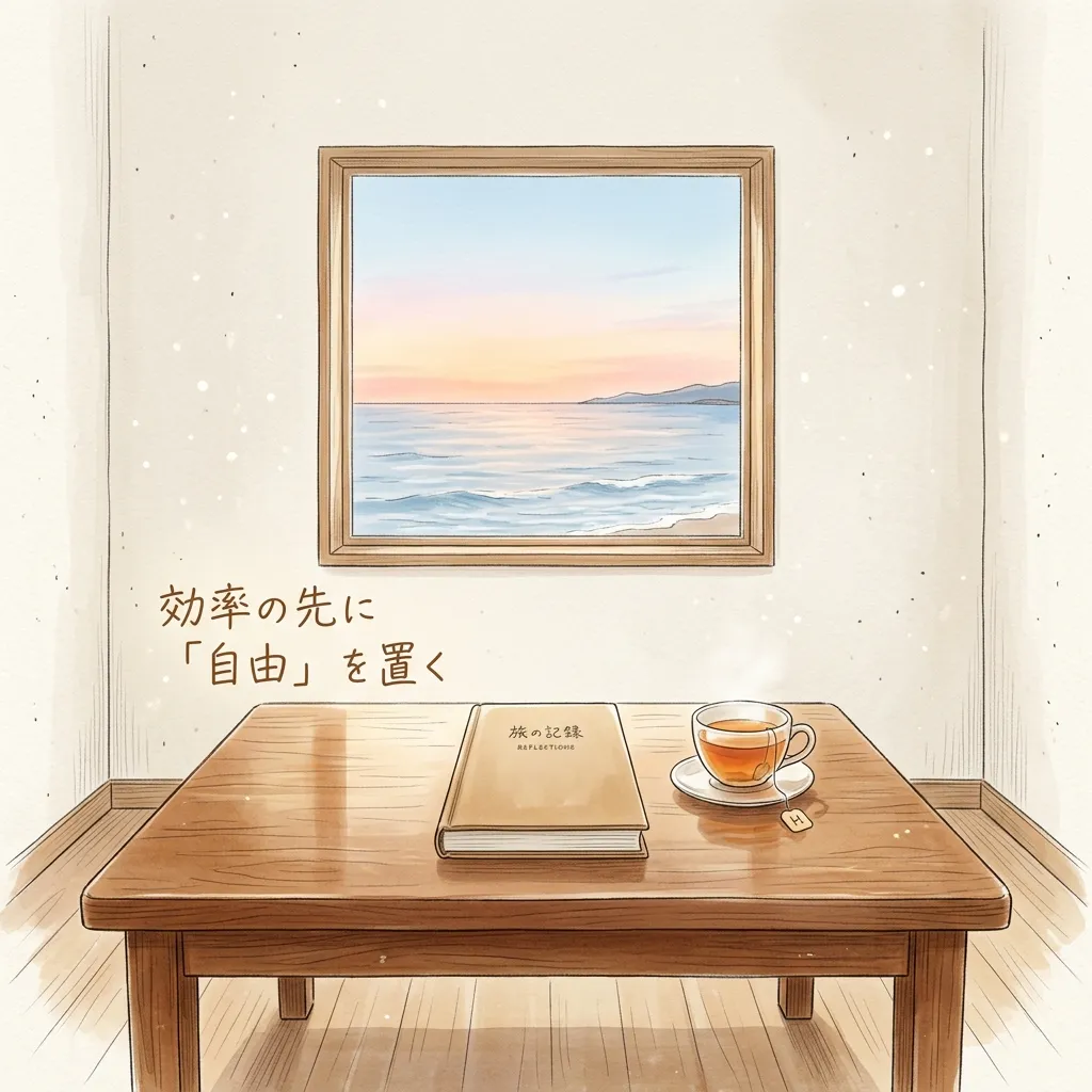 効率の先に「自由」を置く。整えられたテーブルと、窓の外に広がる夕暮れの水平線