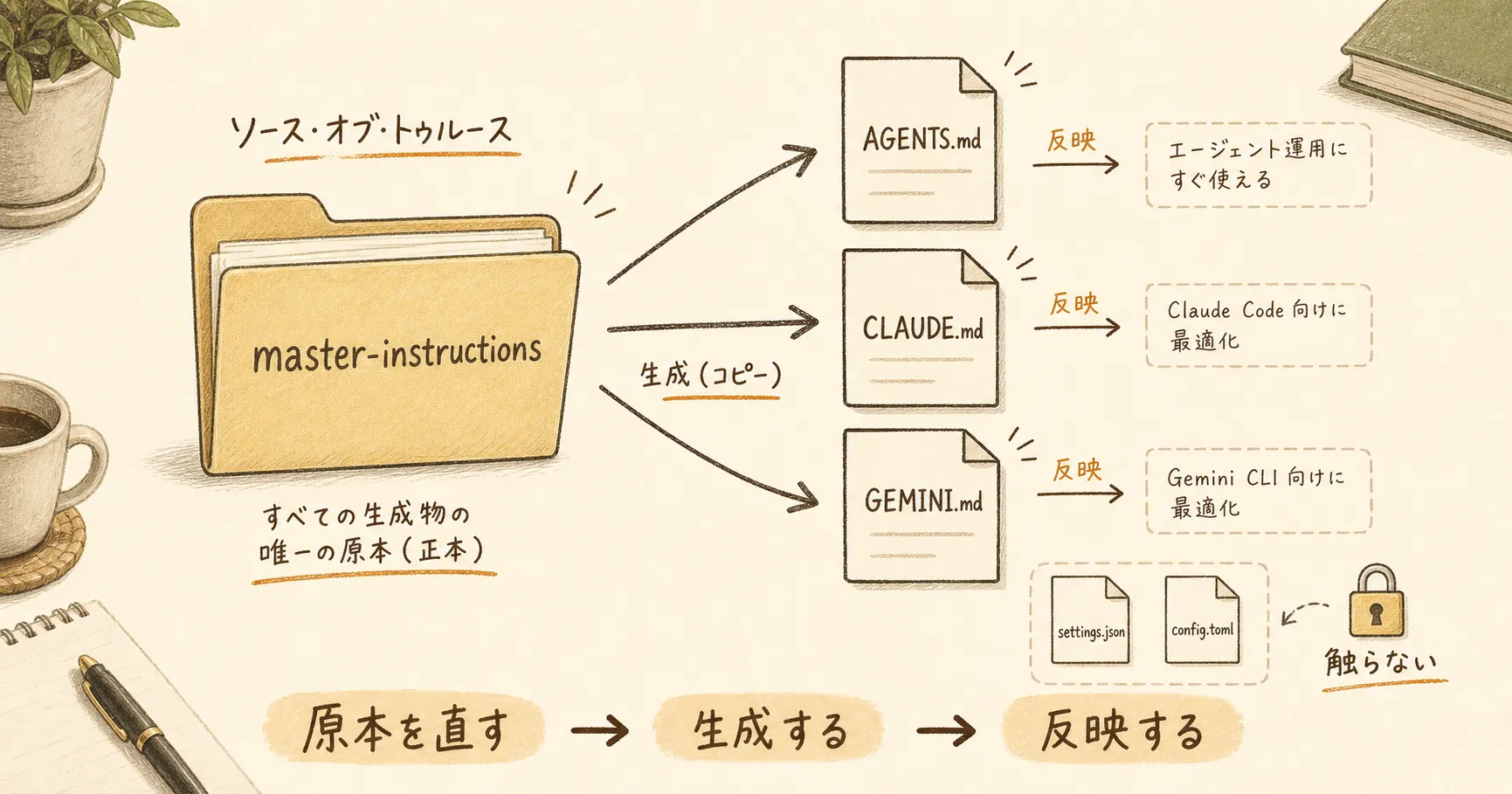 セクション画像3：原本からコピーへ反映しsettings系は触らない図解