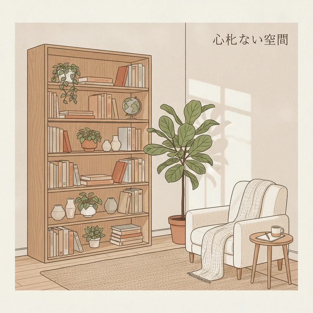 セクション画像：整理されすぎず、あたたかみのある本棚と植物の空間