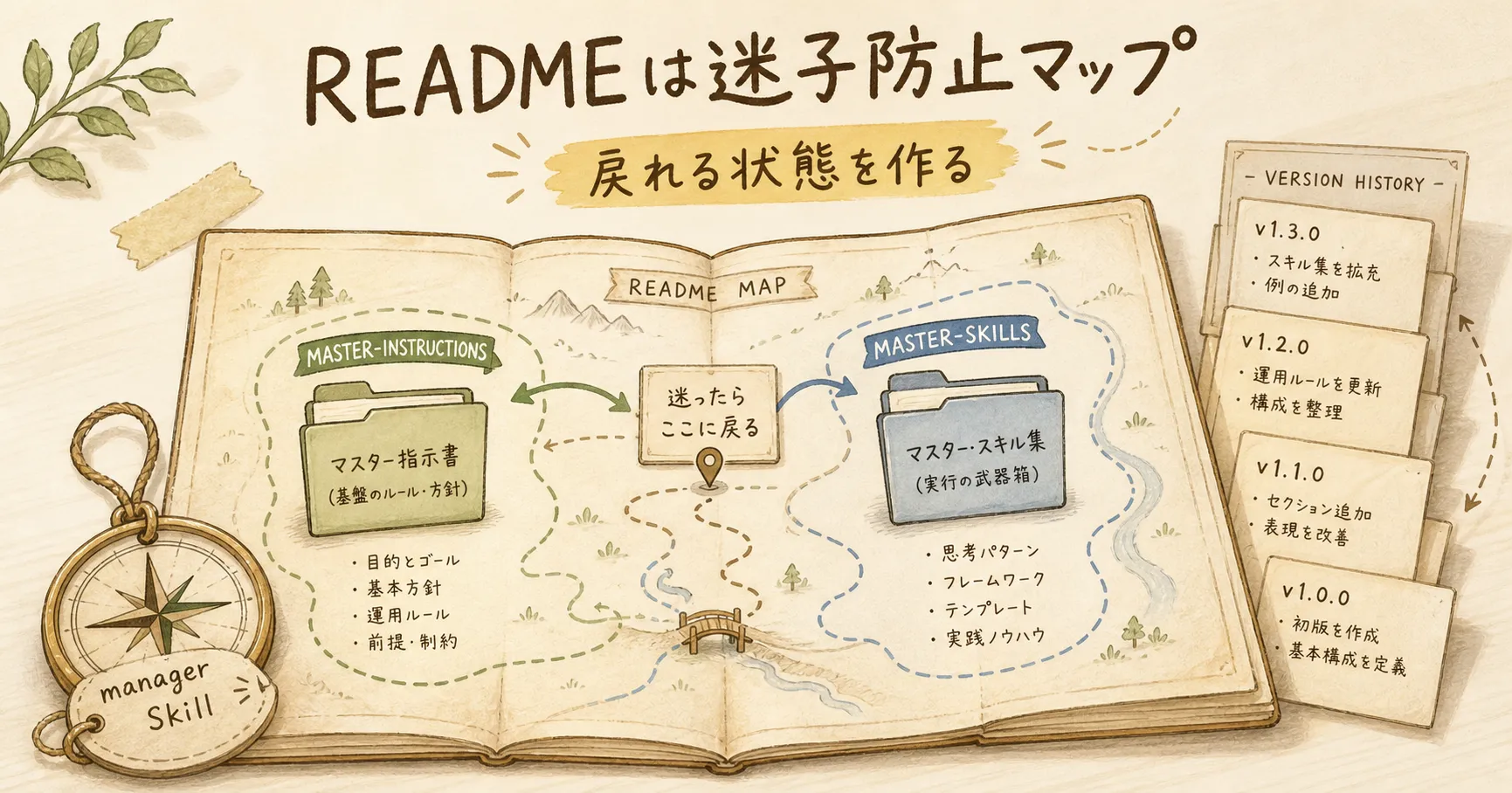 セクション画像4：READMEとmanager Skillで迷子を防ぐ構造図
