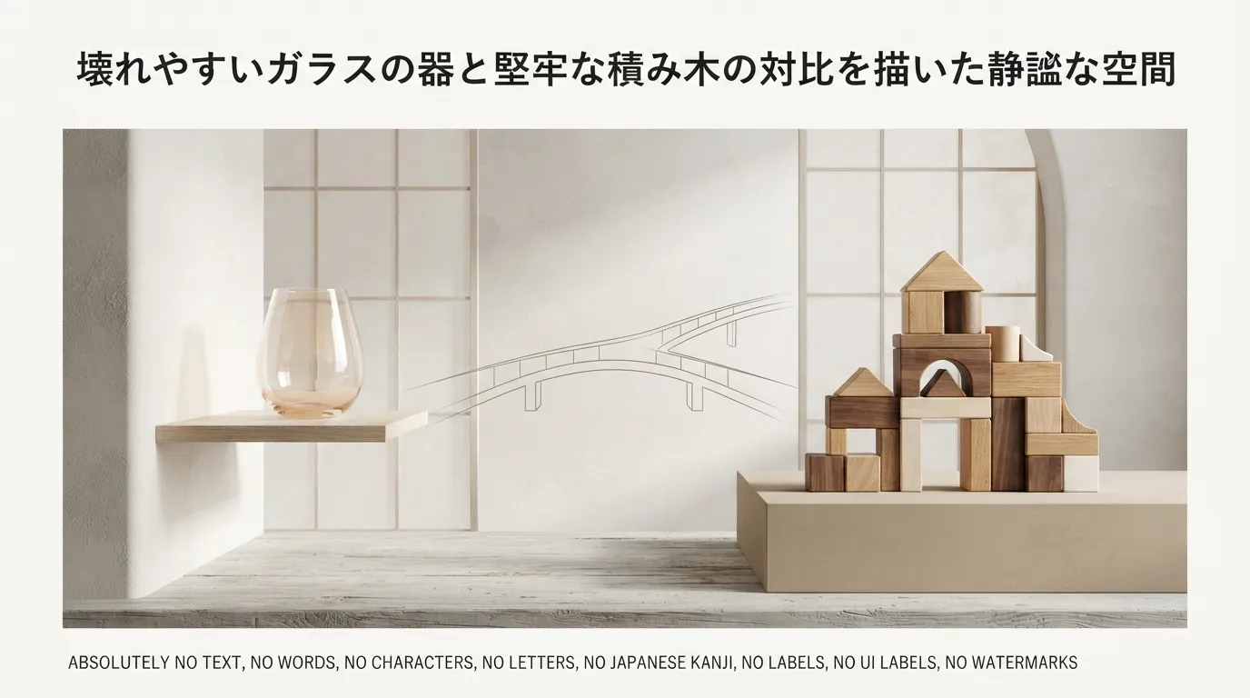 壊れやすいガラスの器と堅牢な積み木の対比を描いた静謐な空間