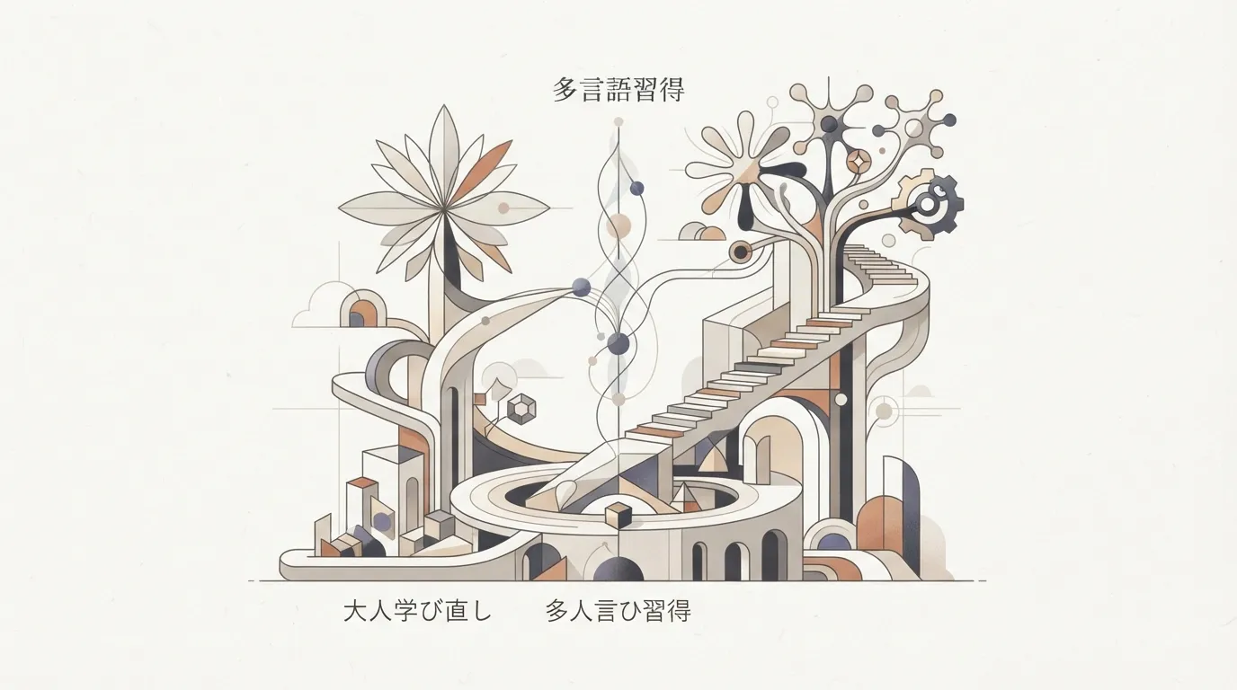 多言語習得のシステム設計と大人の学び直しを象徴するアイキャッチ画像